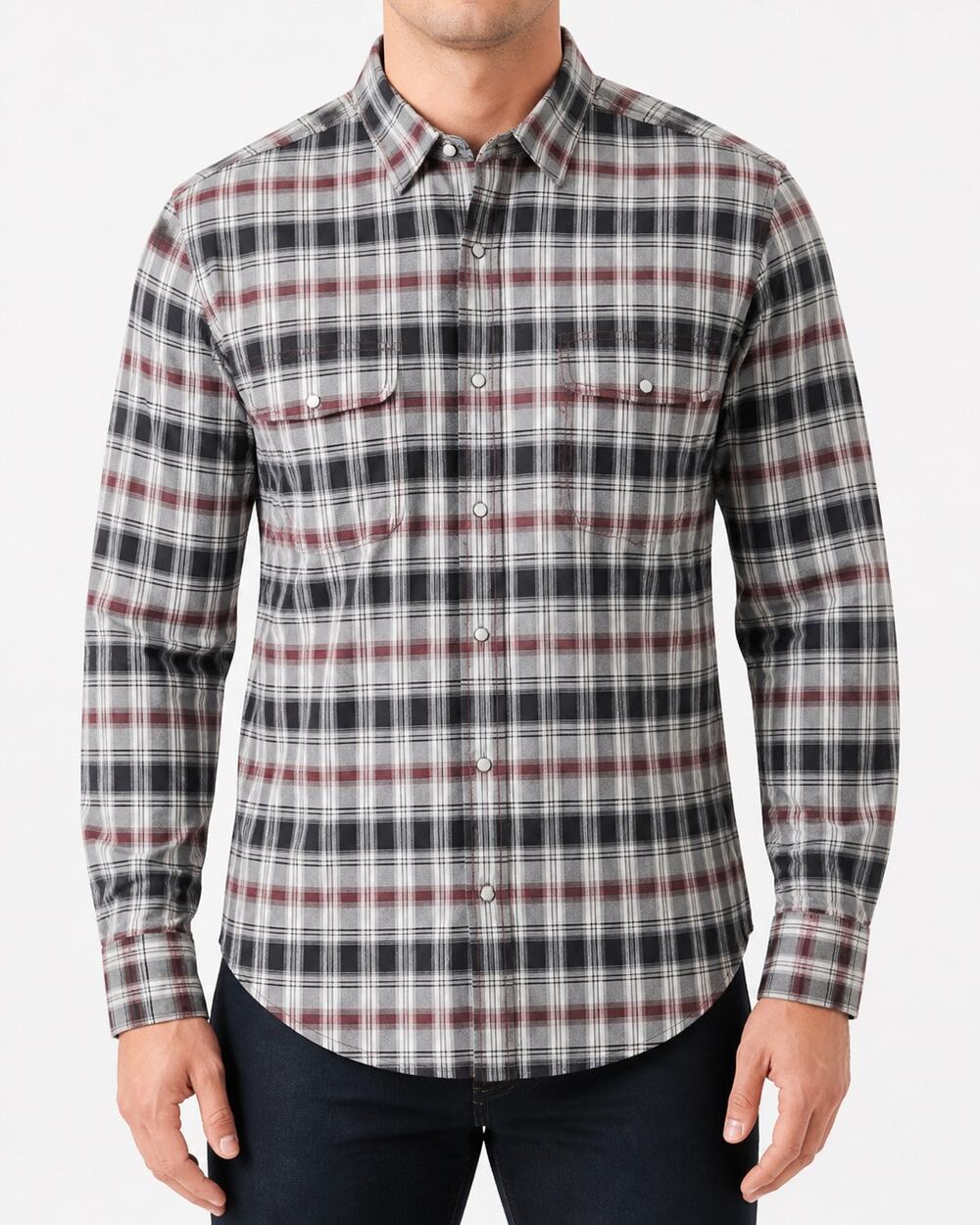 Bugatchi Shirt Mens Medium Black Gray Plaid Cupro Shaped Fit Pearl Snap
